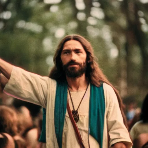 Image similar to jesus as a 7 0 s hippie at woodstock, vintage, 3 5 mm film, nostalgic and euphoric, 4 k, 8 k, photorealistic, film grain