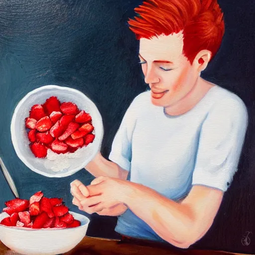 Prompt: painting of redhead boyfriend making strawberry shortcake topped with whipped cream