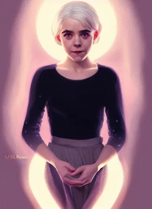 Image similar to portrait of kiernan shipka as sabrina spellman, white hair, 6 0 s hairstyle, hairband, intricate, elegant, glowing lights, highly detailed, digital painting, artstation, concept art, smooth, sharp focus, illustration, art by wlop, mars ravelo and greg rutkowski