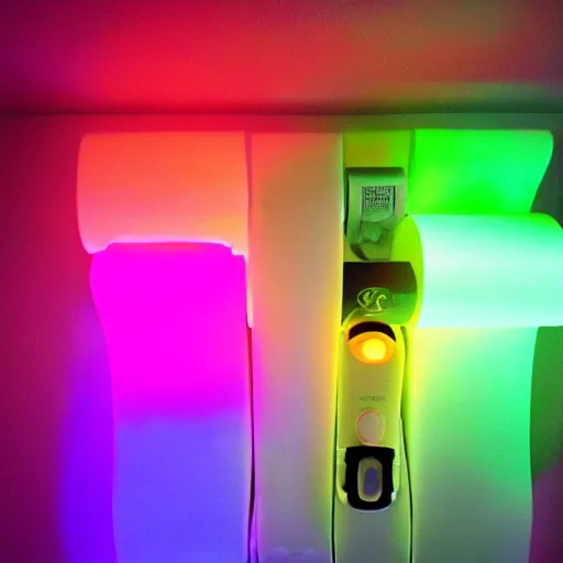 Prompt: gaming toilet paper, neon, sleek, RGB lights