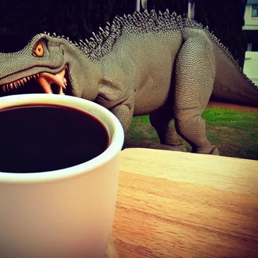 Prompt: a t-rex with a cup of coffee on a sunny day