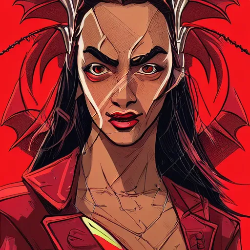 Image similar to female portrait anthropomorphic dragon wearing red clothes the graphic style of Patrick Gleason and Dan Mumford, detailed art, trending on Artstation, sharp focus, comic art