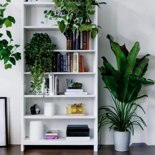 Image similar to white zen clean modern minimalist bookshelf with cute plants