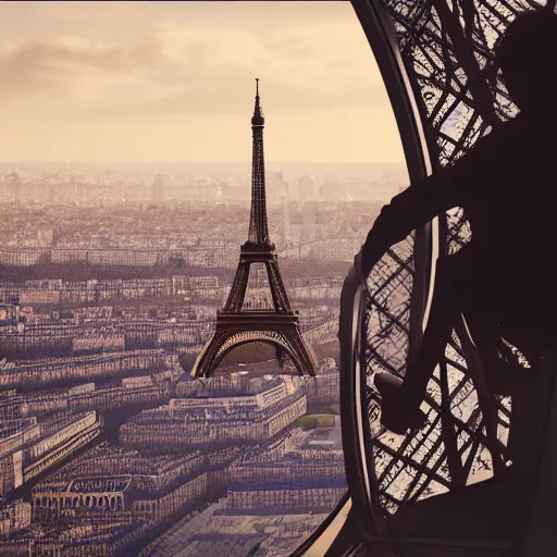 Image similar to Man with cat inside the tip of Eiffel Tower looking over Paris, 8k ultra realistic, atmosphere, detailed, intricate, full of colour, cinematic lighting, trending on artstation, 4k, hyperrealistic, focused, extreme details,unreal engine 5, cinematic, masterpiece