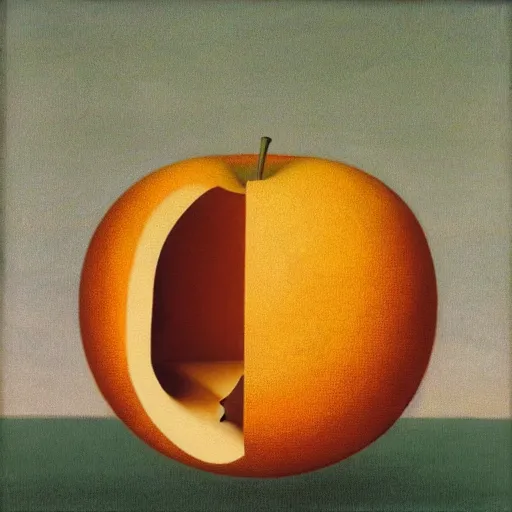 Image similar to the son of man but with an orange instead of an apple, painting by rene magritte, high detail, high resolution