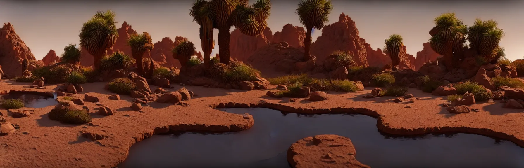 Image similar to a desert oasis; very detailed, by Federico Pelat, Caravaggio; artstation, unreal engine 5