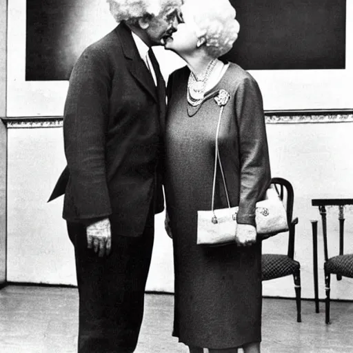 Prompt: Albert Einstein and Queen Elizabeth II kissing, portrait, photo, 1920