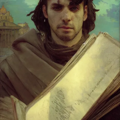 Prompt: full face portait of magican wearing a closed cowl and big old book! chained to the wrist, jeremy mann, jean - leon gerome, tiepolo, alphonse mucha, greg rutkowski, face in the shadows, ( ( ruins of ancient rome ) ), at dusk, mysterious atmosphere, sunrays, dof, high detailed, 8 k