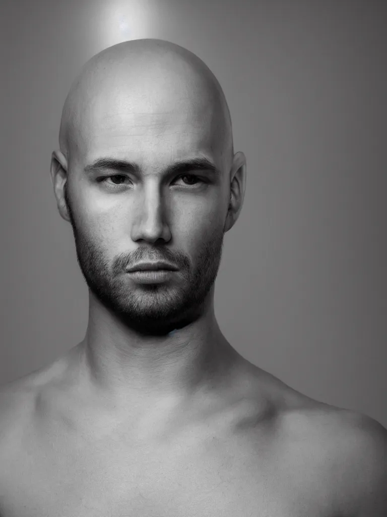 Prompt: A calm portrait picture of a young bald man who is wearing a black t-shirt and looking sideways into the camera, in-front of a white wall, high resolution, 4k