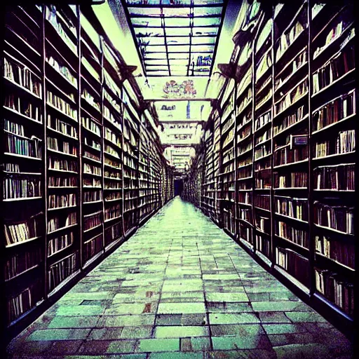 Prompt: “lost in a labyrinth that is Powell’s City of Books. Creepy liminal photo. Hyperrealistic, benchmark resolution photo”