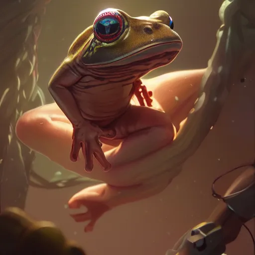 Image similar to highly detailed portrait of a muscular frog, stephen bliss, unreal engine, greg rutkowski, loish, rhads, beeple, makoto shinkai and lois van baarle, ilya kuvshinov, rossdraws, tom bagshaw, alphonse mucha, global illumination, detailed and intricate environment