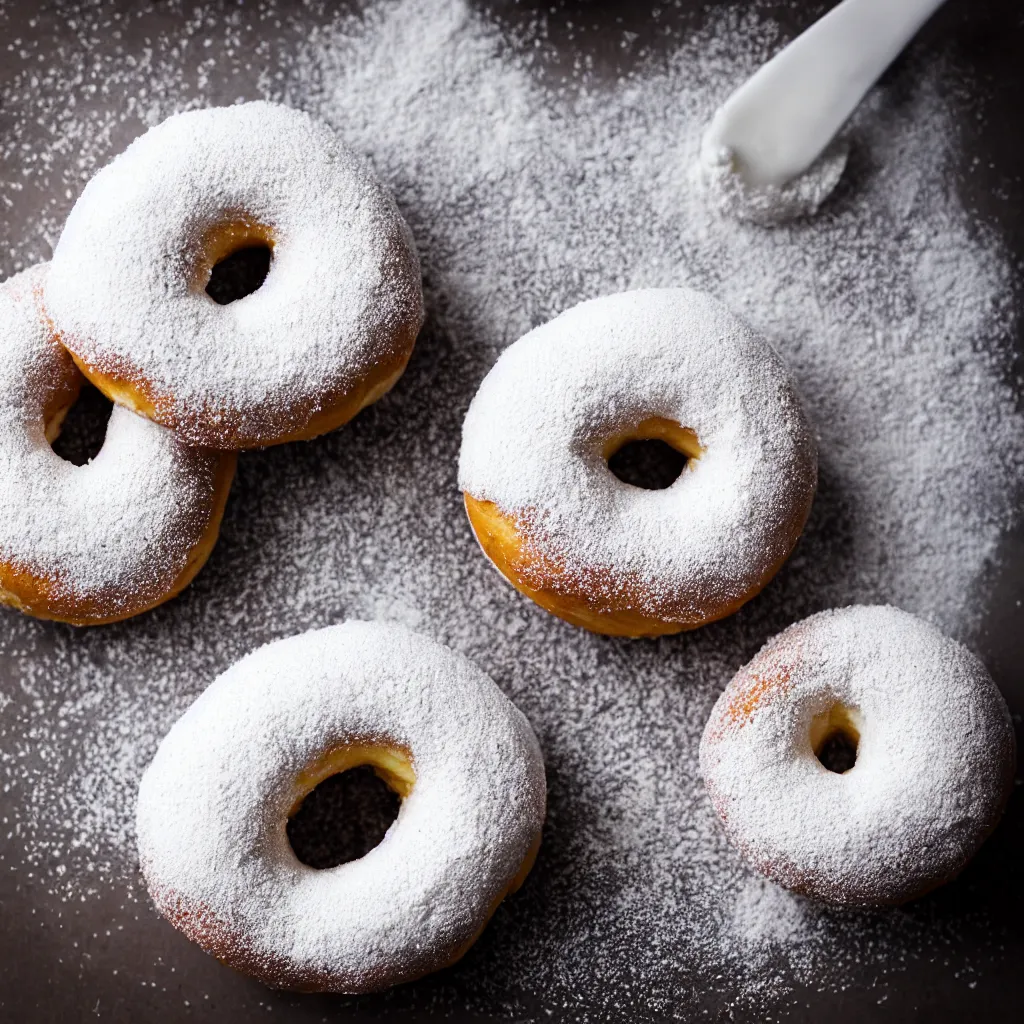 Prompt: !dream Powdered donut, recipe, photography, side-view