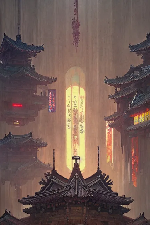 Image similar to cyberpunk Korean ancient castle, fantasy, painting by greg rutkowski and alphonse mucha