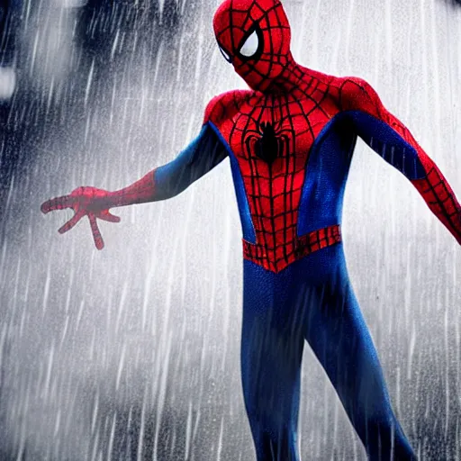 Prompt: Spiderman standing under rain , melancholy, dramatic, sad ambience