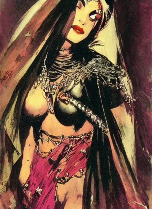 Prompt: female indian vampiress, jeweled veil, strong line, saturated color, beautiful! coherent! by frank frazetta, high contrast