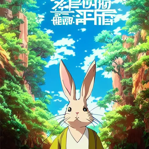 Prompt: anime movie poster for a wandering rabbit in a mysterious forest, studio ghibli