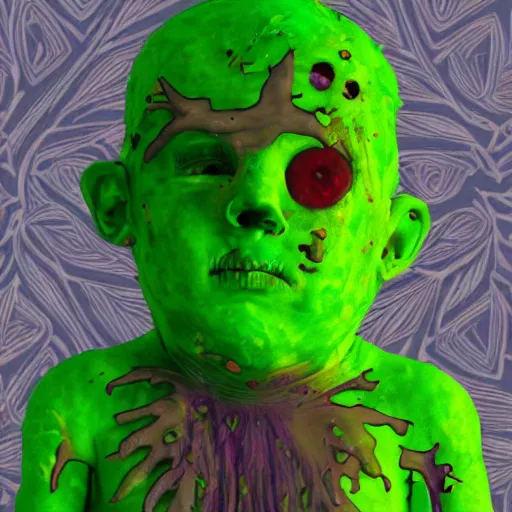 Prompt: a green zombie with an exposed brain waves hello