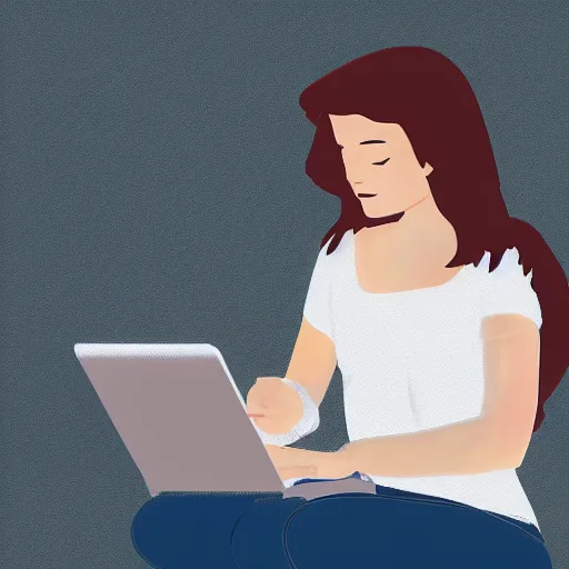 Prompt: Beautiful girl sitting by her laptop, typing an email, digital art.