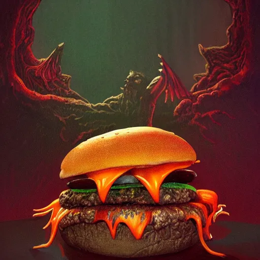 Image similar to photorealistic demonic cheeseburger in the style of michael whelan and gustave dore. hyperdetailed photorealism, 1 0 8 megapixels, amazing depth, glowing rich colors, powerful imagery, psychedelic overtones, 3 d finalrender, 3 d shading, cinematic lighting, artstation concept art