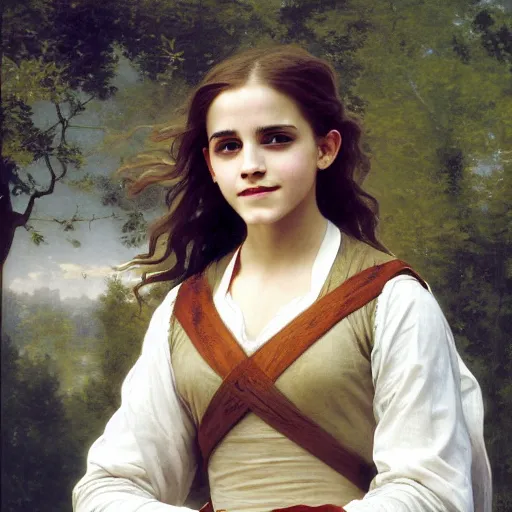 Image similar to Painting of Emma Watson as Hermione Granger. Smiling. Happy. Cheerful. Art by william adolphe bouguereau. Extremely detailed. Beautiful. 4K. Award winning.