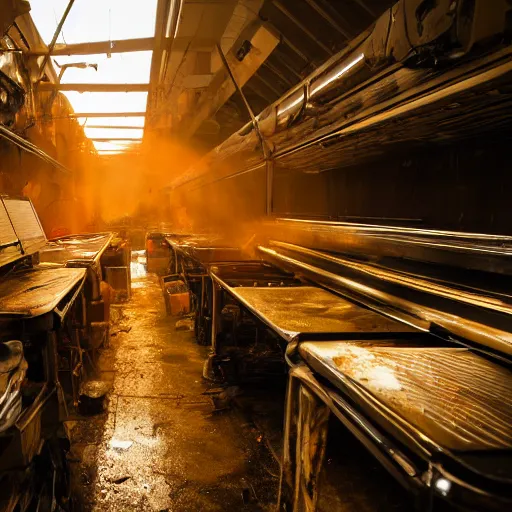 Image similar to toaster ovens on conveyor belt, dark messy smoke - filled cluttered workshop, dark, dramatic lighting, orange tint, sparks, cinematic, highly detailed, sci - fi, futuristic, movie still