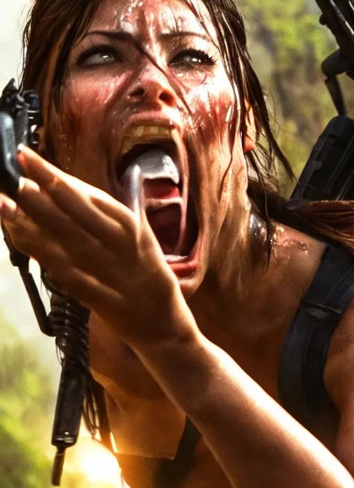 Prompt: a film still of lara croft screaming, her face sweat, direct sun light, close up potrait, cinematic,