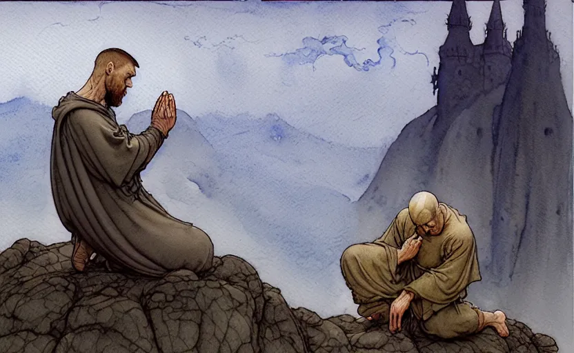 Image similar to a hyperrealist watercolour character concept art portrait of one small grey medieval monk kneeling in prayer. a giant flat rock floats in the air above him. it is a misty night. by rebecca guay, michael kaluta, charles vess and jean moebius giraud