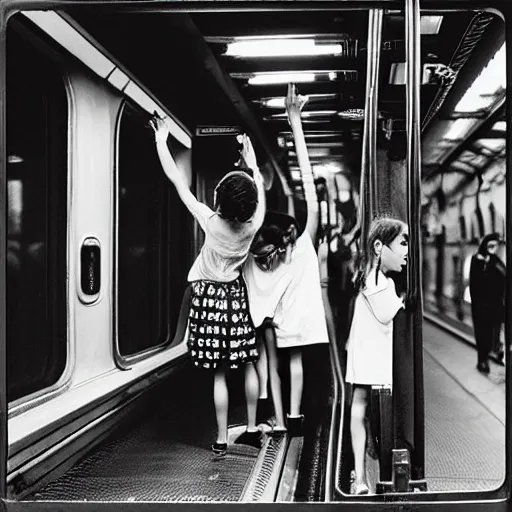 Prompt: “ kids riding on top of a new york city subway car, photograph by henri cartier - bresson ”