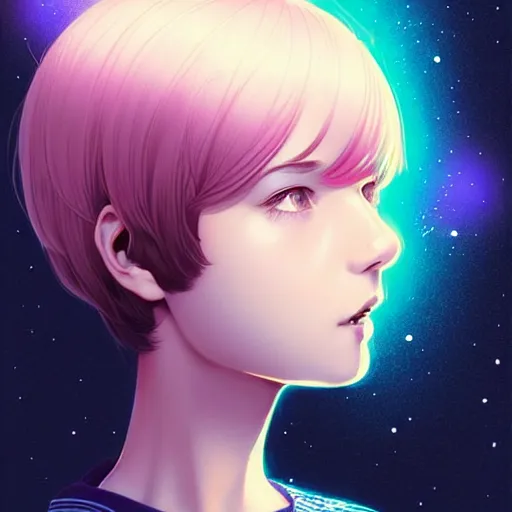 Image similar to cute impoverished college stoner woman studies pulsar stars. short silky hair, velvet, film, occlusion, shadow, specular reflection, rim light, artstation, pinterest, art by range murata and ilya kuvshinov, intricate highly detailed 8 k illustration, surreal