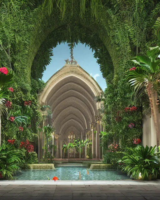 Image similar to cathedral interior with koi pond in the middle surrounded by palm trees, ivy, flowers, tropical plants, roses, and with archways. rendered in octane render with photorealistic lighting