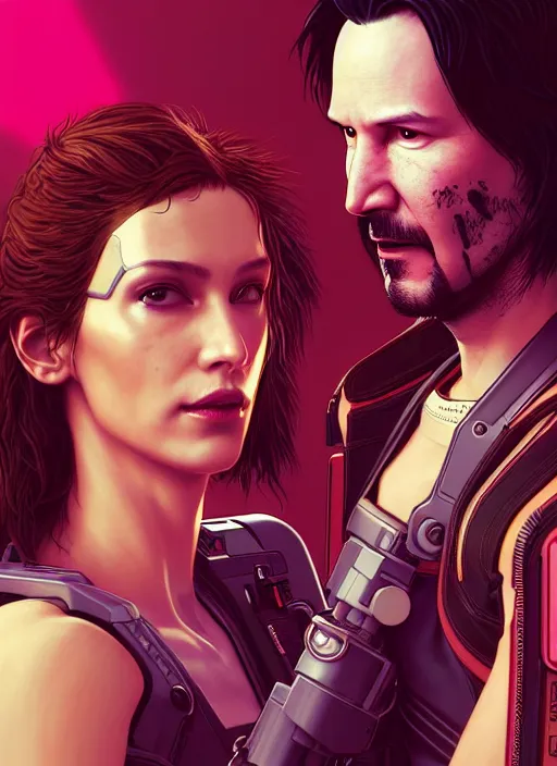 Image similar to a cyberpunk 2077 couple portrait of Keanu Reeves&female android in kiss,love,film lighting,by Laurie Greasley,Lawrence Alma-Tadema,Dan Mumford,artstation,deviantart,FAN ART,full of color,Digital painting,face enhance,highly detailed,8K,octane,golden ratio,cinematic lighting