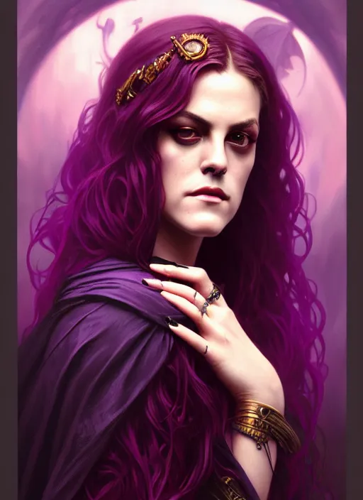 Image similar to portrait of riley keough as a vampire queen, jewelry, greek, purple, intricate, headshot, highly detailed, digital painting, artstation, concept art, sharp focus, cinematic lighting, illustration, art by artgerm and greg rutkowski, alphonse mucha, cgsociety