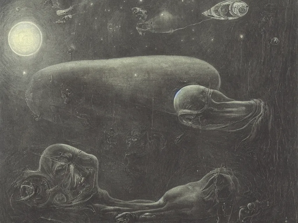 Image similar to dream bot mothership above the giant forehead of a sleeping man. painting by bosch, beksinski, alfred kubin, max ernst
