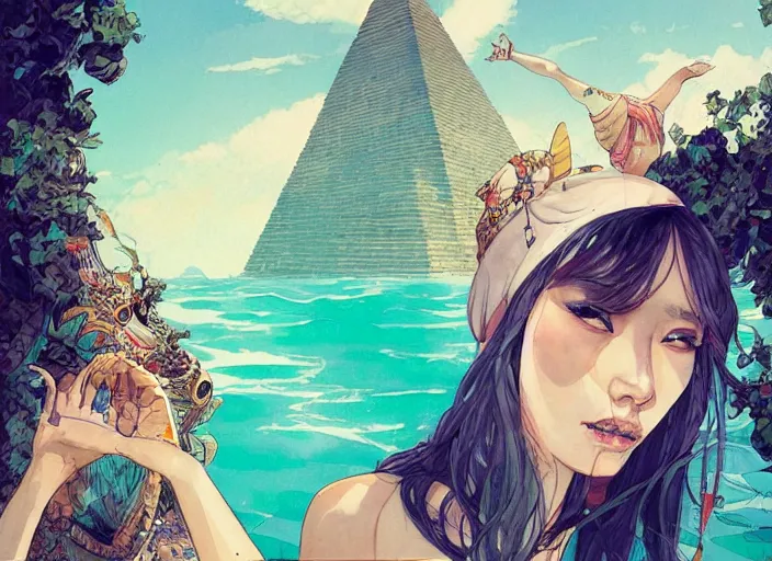 Prompt: lee jin - eun in luxurious dress emerging from turquoise water in egyptian pyramid city during an eclipse by james jean, conrad roset, m. k. kaluta, martine johanna, rule of thirds, elegant look, beautiful, chic, face anatomy, cute complexion