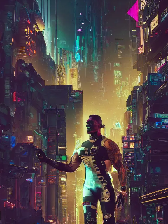 Prompt: a cyberpunk 2077 portrait of Dwayne Johnson kiss a female android complex mess of cables and wires behind them connected to giant computer, love,film lighting, by laurie greasley,Lawrence Alma-Tadema,William Morris,Dan Mumford, trending on atrstation, full of color, highly detailed,8K, octane, Digital painting,golden ratio,cinematic lighting