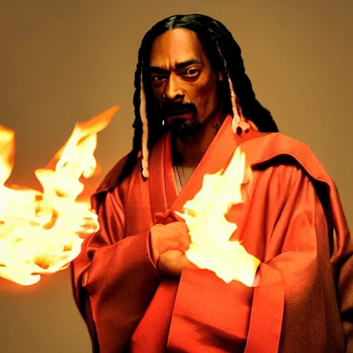 Image similar to cinematic film still of Snoop Dogg starring as a Samurai holding fire, Japanese CGI, VFX, 2022, 40mm lens, shallow depth of field, film photography