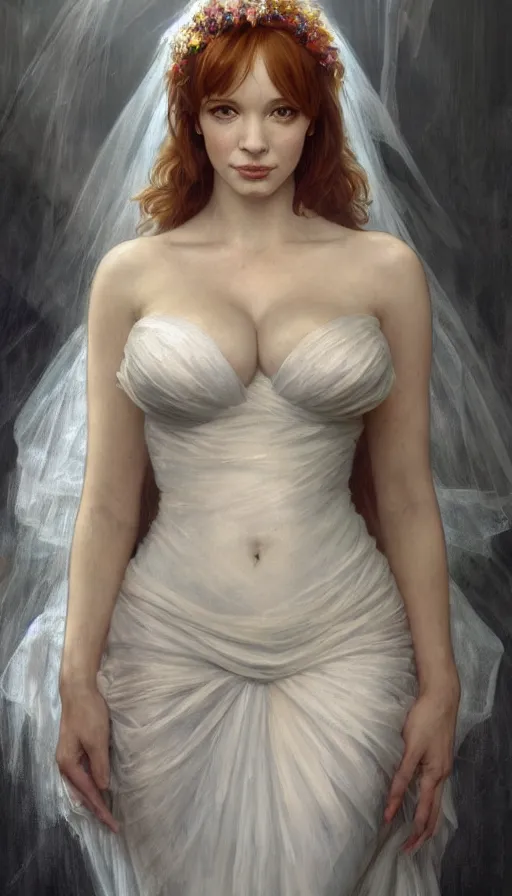 Image similar to Angel Bride, perfectly-centered-painting of young Christina Hendricks looking at the camera, hands not visible, sweaty, wet, dynamic action pose, insane, intricate, highly detailed, digital painting, artstation, concept art, smooth, sharp focus, illustration, Unreal Engine 5, 8K, art by artgerm and greg rutkowski and alphonse mucha