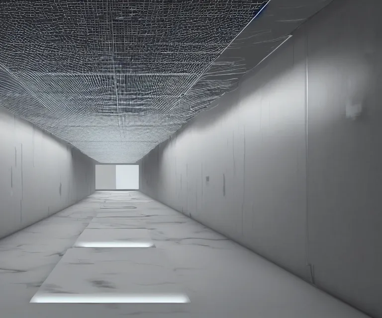 Image similar to still from a film : floating vr interface with depth of field, a minimalist transparent space station tunnel network, vertically floating panels & soft white marble tablets displaying zooming interfaces and long scrolls and blurry misty glowing floating computer panels, stark chiaroscuro lighting