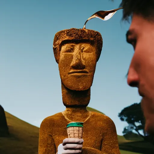 Image similar to a man holding an ice cream cone with a moai 🗿 in it, 4 k photograph