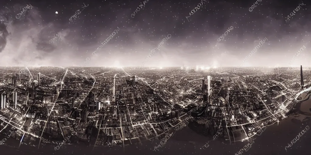 Prompt: a big industrial city metropoli in the distance, cloudy dark sky, it's late at night the moon and the milky way shine, 3 6 0 render panorama, seamless