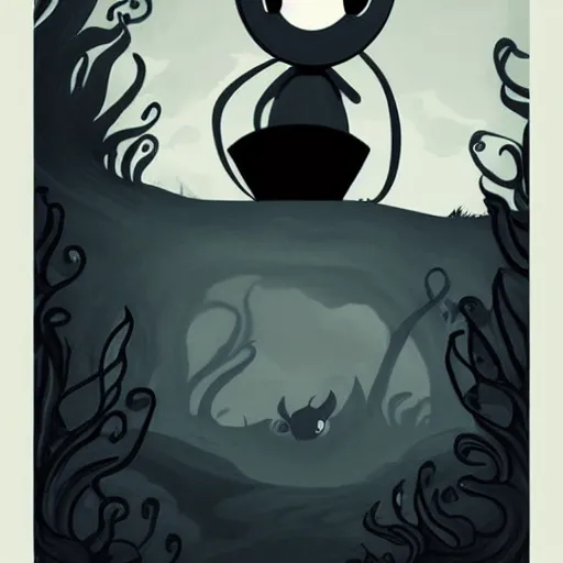 Prompt: girl Hollow Knight poster, very clean art, clean thick black lineart, Hollow Knight art style, beautiful mysterious feel