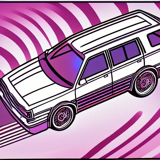 Prompt: vaporwave line art illustration of an 8 0 s station wagon driving during sunset. digits art