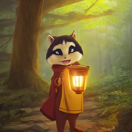 Prompt: concept art painting of an anthropomorphic anime chipmunk wearing a yellow cloak, holding a lantern, in the deep forest, realistic, detailed, cel shaded, in the style of makoto shinkai and greg rutkowski and james gurney