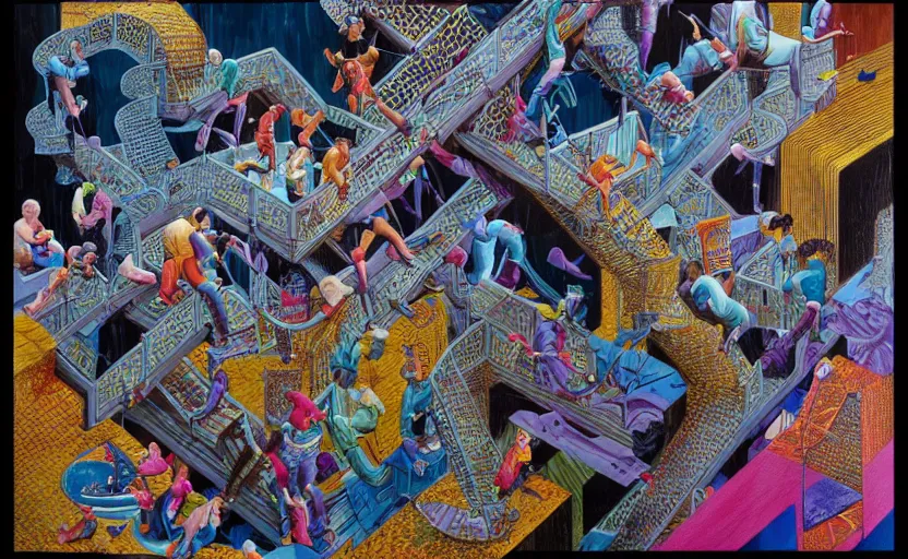 Image similar to chutes and ladders. detailed abstract acrylic painting by artgerm, by mc escher, by raqib shaw, japanese popsurrealism,