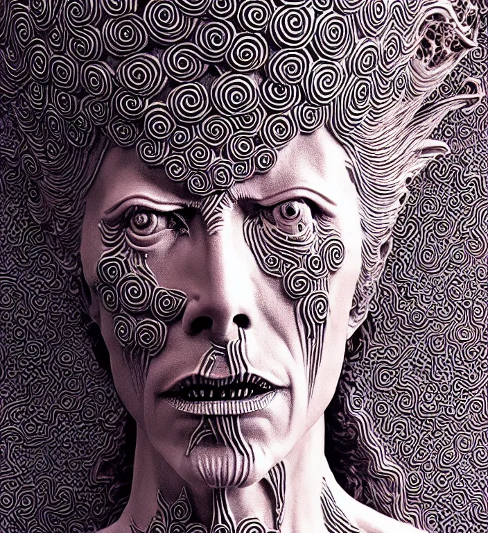 Image similar to David Bowie from labyrinth , A Close up photo-real delicate ceramic porcelain sculpture of a symmetrical ornate detailed in front of an intricate background by Victo Ngai and takato yamamoto, micro detail, backlit lighting, face in focus, subsurface scattering, translucent, thin porcelain, octane renderer, colorful, physically based rendering, japanese pottery, trending on cgsociety