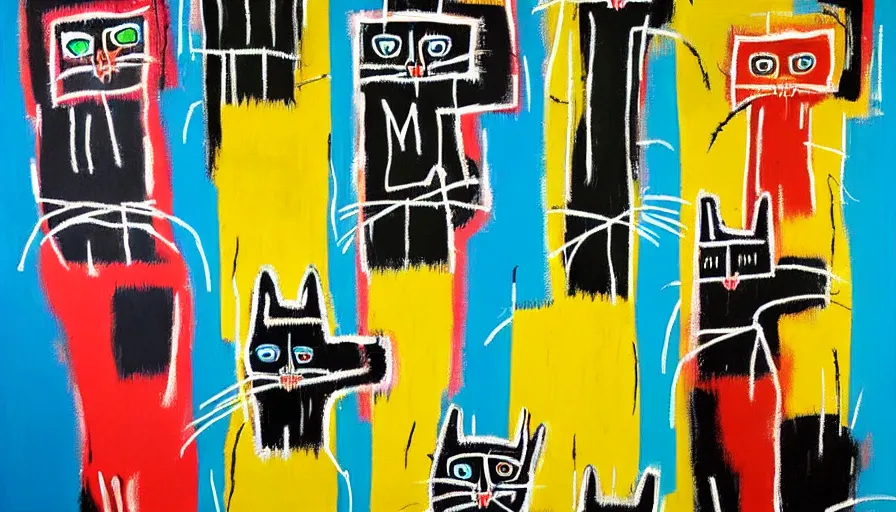 Image similar to highly detailed contemporary acrylic painting of really tall sitting cats by jean - michel basquiat, thick brush strokes and visible paint layers, dense overgrown forest background, vivid pastel color scheme