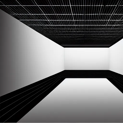 Prompt: inside of blank dark without light endless cube with black walls and white neon contours. Realistic Concept Art