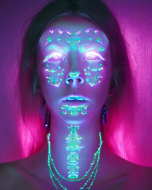 Image similar to natural light, soft focus portrait of an android with soft synthetic pink skin, blue bioluminescent plastics, smooth shiny metal, elaborate electronic jewellery, screens for eyes, leds, piercings, face tattoo, skin textures, by annie liebovotz, paul lehr,