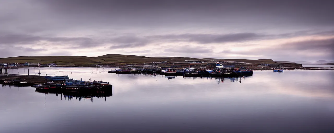 Prompt: a landscape photograph of the harbour at Stromness orkney, by Richard Misrach, wide angle, sunset