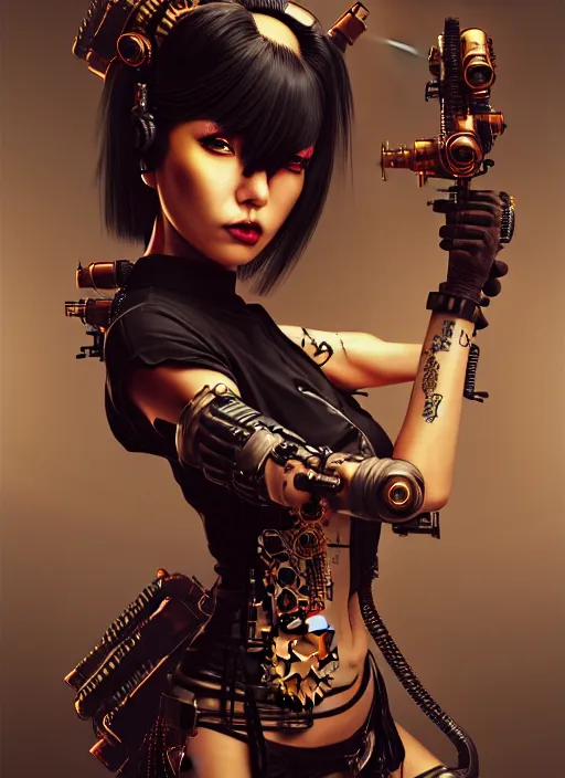 Image similar to soft lustrous ebony geisha seductive raver gutter punk steampunk cyborg, yakuza, golden ratio, details, scifi, fantasy, cyberpunk city, intricate, decadent, highly detailed, octane render, digital painting, artstation, concept art, sharp focus, illustration, art by artgerm, loish, wlop
